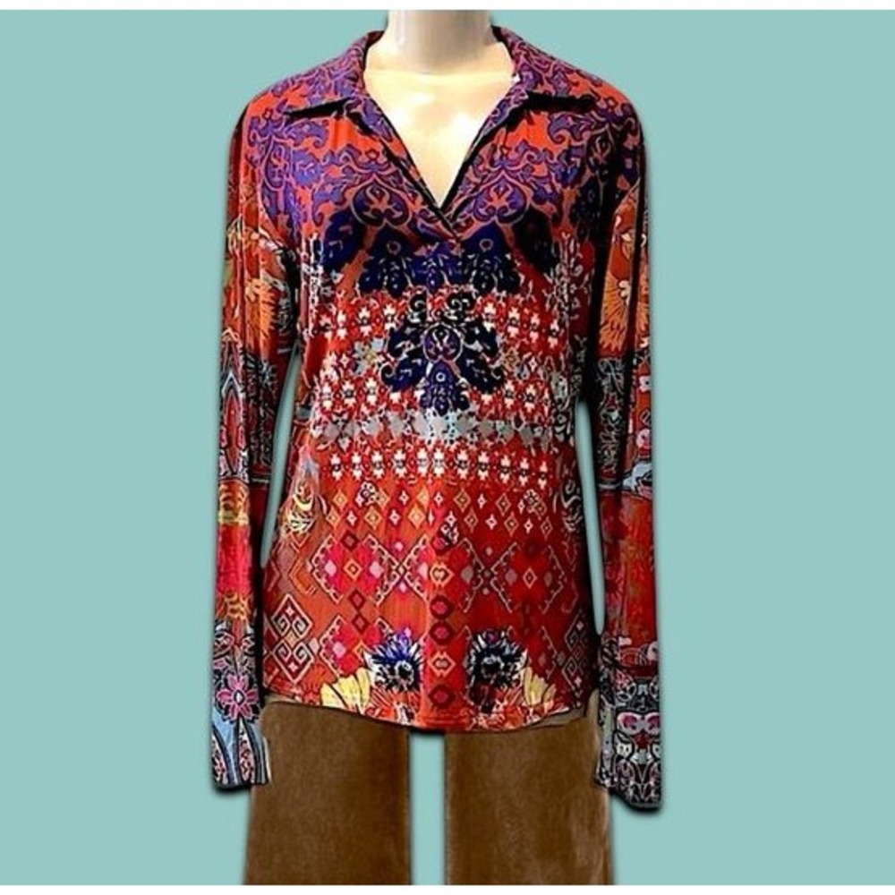 Johnny Was Syriah Split-Front Collared Henley Top Womens M Multicolored Floral